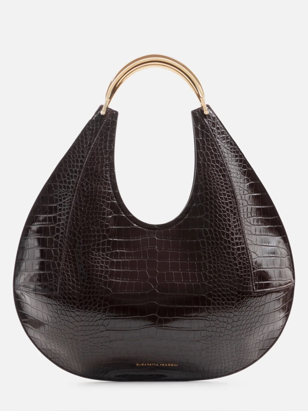 Elisabetta Franchi Chocolate Croc-Embossed Hobo Bag with Gold Handle